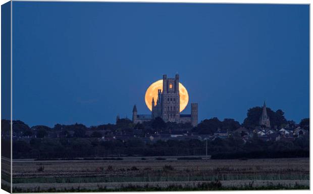 Harvest Moon rising behind Ely Cathedral, Friday 1 Canvas Print by Andrew Sharpe