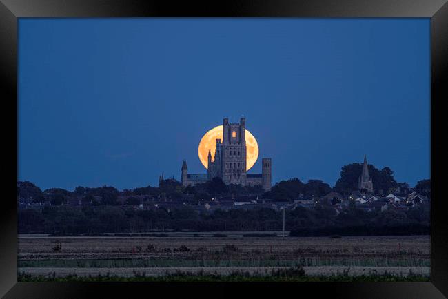 Harvest Moon rising behind Ely Cathedral, Friday 1 Framed Print by Andrew Sharpe
