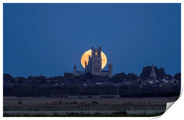 Harvest Moon rising behind Ely Cathedral, Friday 1 Print by Andrew Sharpe