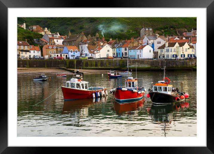 Boats in the harbour, Staithes, North Yorkshire Framed Mounted Print by Andrew Kearton