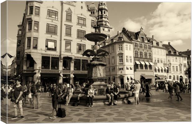Stork fountain has always been a popular tourist a Canvas Print by M. J. Photography