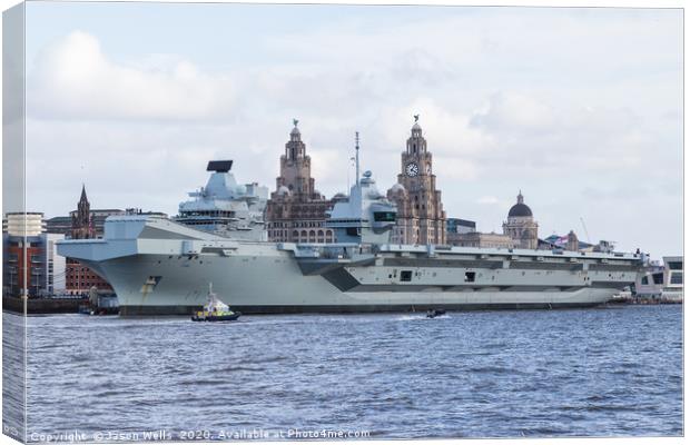 HMS Prince of Wales in front of the three graces Canvas Print by Jason Wells