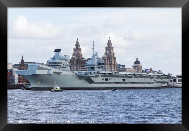 HMS Prince of Wales in front of the three graces Framed Print by Jason Wells