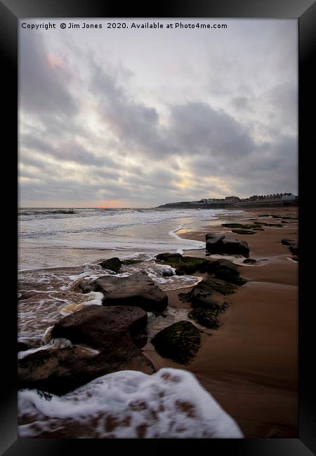 Sunrise over the beach at Whitley Bay Framed Print by Jim Jones