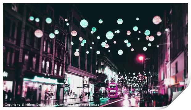 London Christmas Lights with cyberpunk colours Print by Milton Cogheil