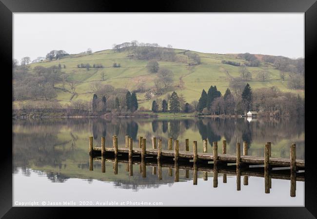 Jetty on the still waters of Consiston Lake Framed Print by Jason Wells