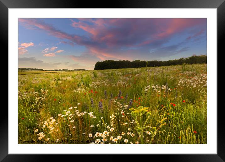 Wild flower meadow sunset landscape in West Norfol Framed Mounted Print by Simon Bratt LRPS
