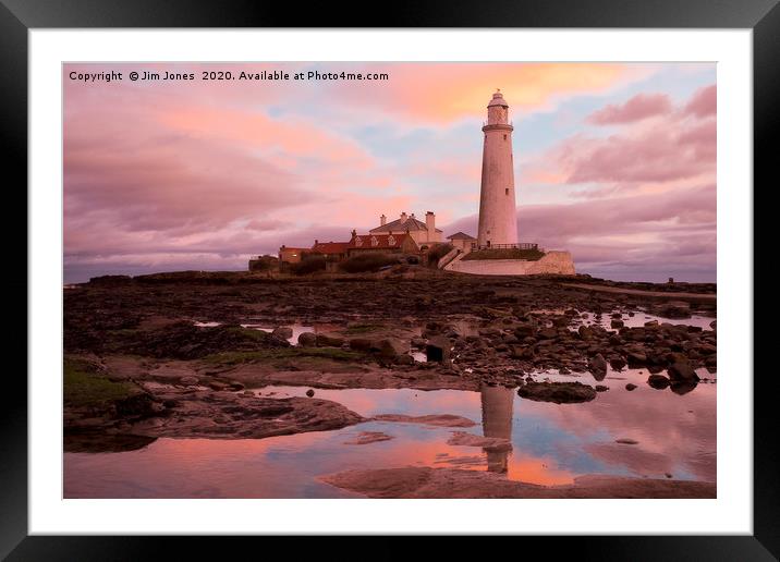 St Mary's Island under a pastel sky Framed Mounted Print by Jim Jones