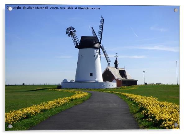 Lytham Windmill in Spring.  Acrylic by Lilian Marshall