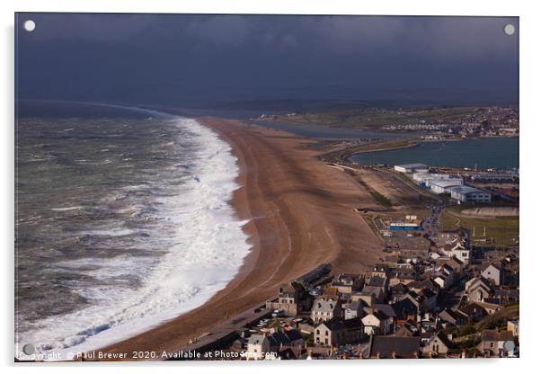 Storm Jorge hits Chesil Beach Acrylic by Paul Brewer