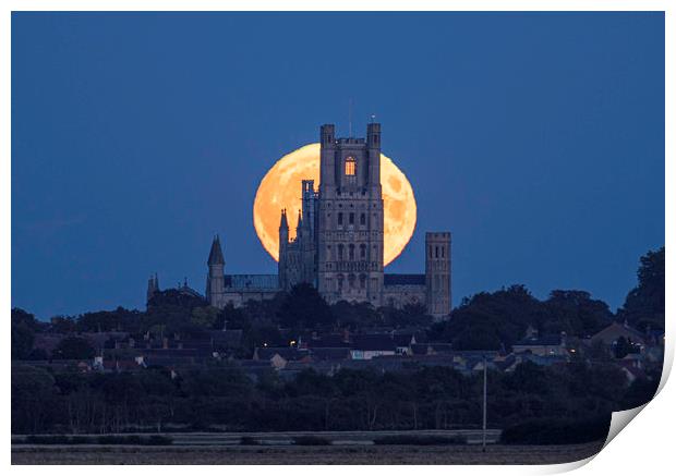Harvest Moon rising behind Ely Cathedral, Cambridg Print by Andrew Sharpe