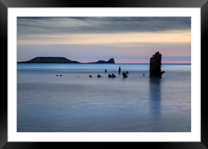The wreck of the Helvetia on Rhossili Bay, South W Framed Mounted Print by Leighton Collins