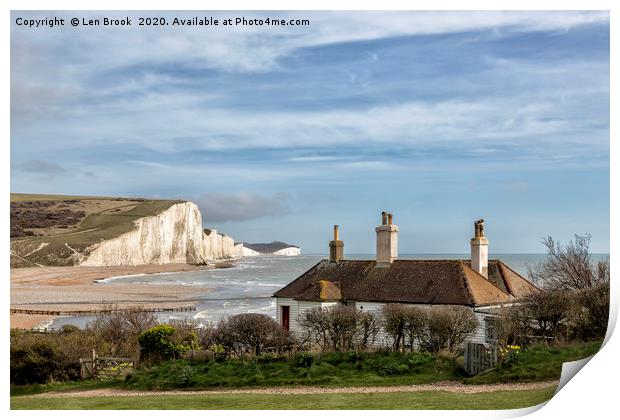 The Seven Sisters and the Coastguard Cottages Print by Len Brook