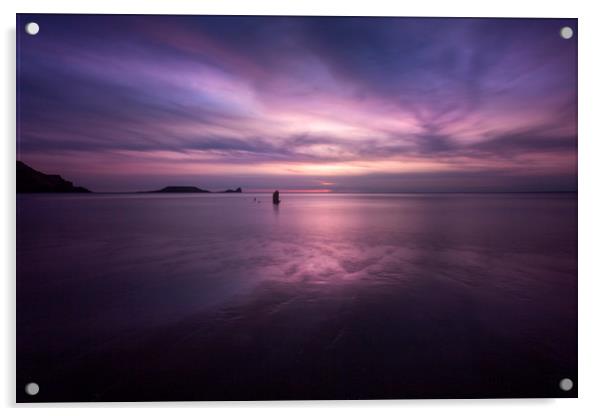 Sunset on Rhossili Bay, South Wales UK Acrylic by Leighton Collins