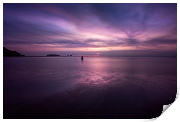 Sunset on Rhossili Bay, South Wales UK Print by Leighton Collins