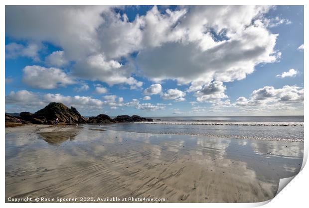 Cloud reflections on Looe Beach in Cornwall Print by Rosie Spooner
