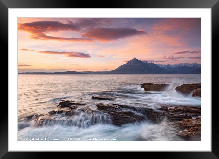 Skye Cuillin Sunset and Waves Elgol Scotland Framed Mounted Print by Barbara Jones