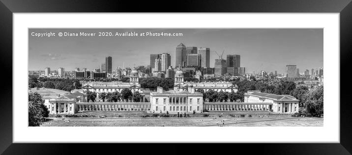 Greenwich London Monochrome Panoramic Framed Mounted Print by Diana Mower