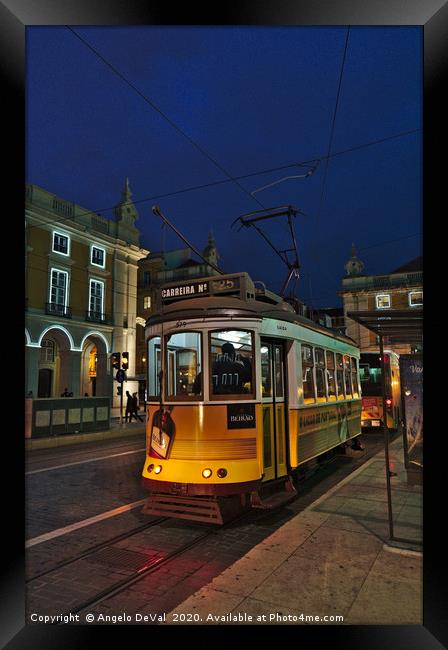 Electrico at night in Terreiro do Paco Framed Print by Angelo DeVal