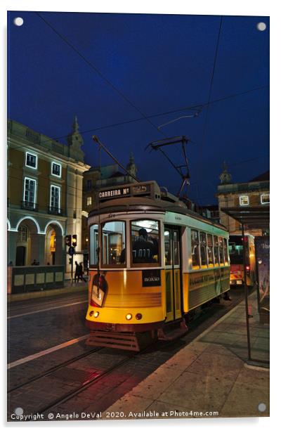 Electrico at night in Terreiro do Paco Acrylic by Angelo DeVal