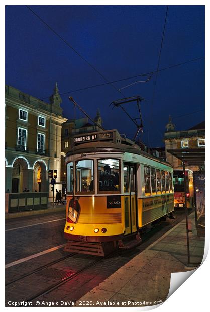 Electrico at night in Terreiro do Paco Print by Angelo DeVal