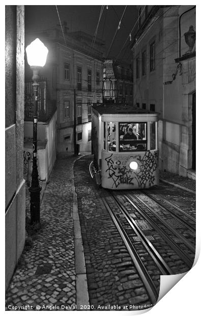 Elevator at night in Lisbon Print by Angelo DeVal