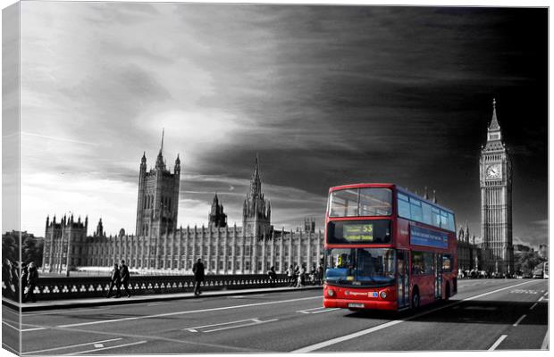 Red Bus Westminster Bridge Houses of Parliament  Canvas Print by Andy Evans Photos