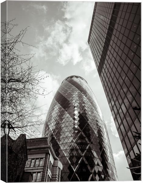 Low angle view of the Gherkin and City of London Canvas Print by Sophie Shoults