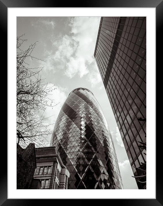 Low angle view of the Gherkin and City of London Framed Mounted Print by Sophie Shoults