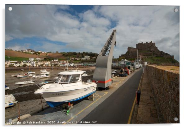 Mont Orgueil Harbour Acrylic by Rob Hawkins