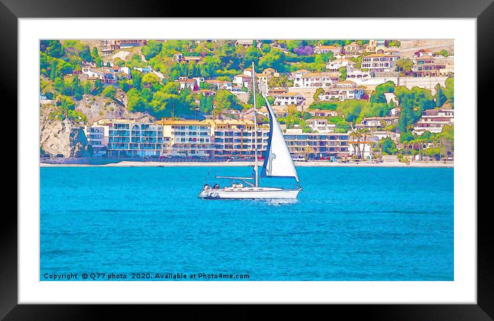 sailing boat flowing on the open sea, watercolor p Framed Mounted Print by Q77 photo