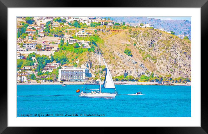 sailing boat flowing on the open sea, watercolor p Framed Mounted Print by Q77 photo