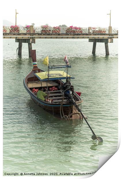 Long tail boat  at Chalong Pier Print by Annette Johnson