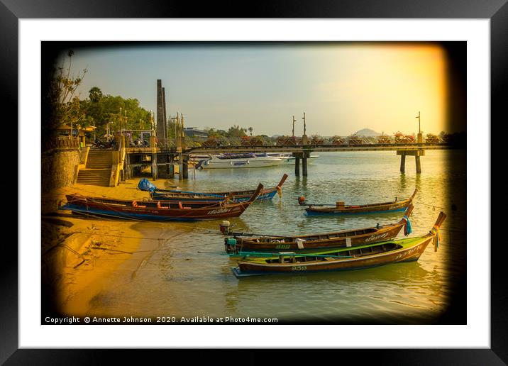 Golden Olden days boats at Chalong Pier Framed Mounted Print by Annette Johnson