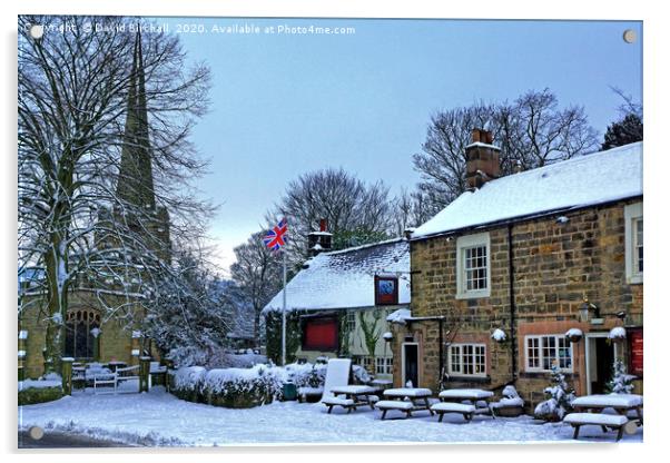 Ashover village pub and church, Derbyshire. Acrylic by David Birchall