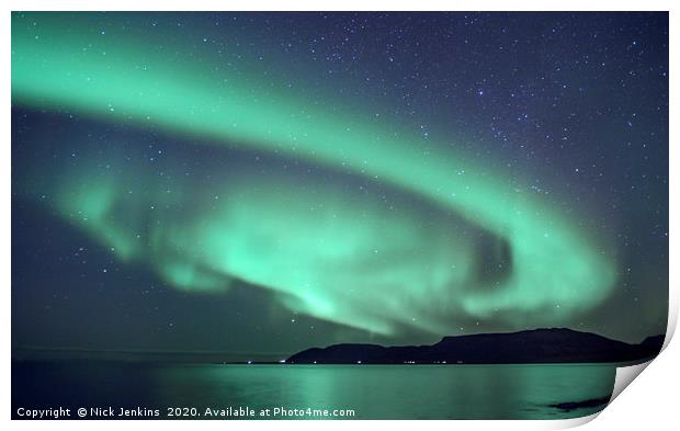 Aurora over Grundafjordur Snaefelsness Iceland Print by Nick Jenkins