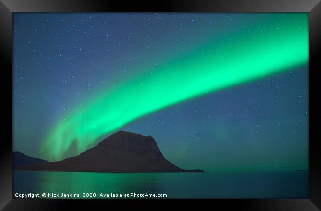 Aurora over Snaefelsness on the Iceland Coast  Framed Print by Nick Jenkins