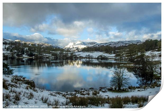 Loughrigg Tarn and Langdale Pikes Winter Cumbria Print by Nick Jenkins