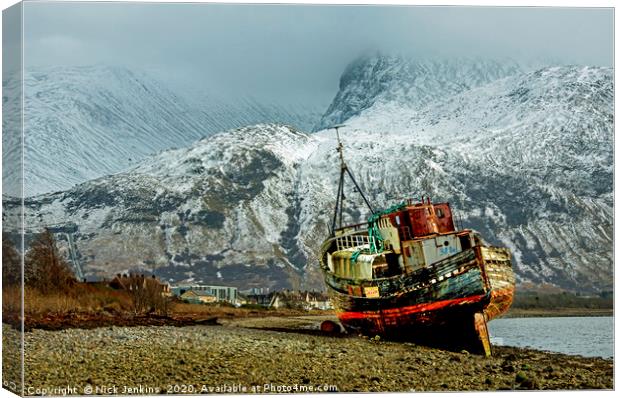 Corpach Wreck beneath Ben Nevis Scotland Winter Canvas Print by Nick Jenkins