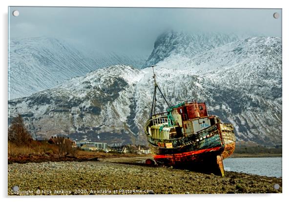 Corpach Wreck beneath Ben Nevis Scotland Winter Acrylic by Nick Jenkins