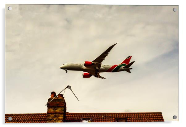 Passenger plane flying over the roofs of residenti Acrylic by Q77 photo