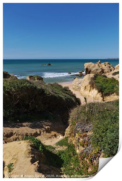 Cliffs, bushes and sea in Algarve Print by Angelo DeVal