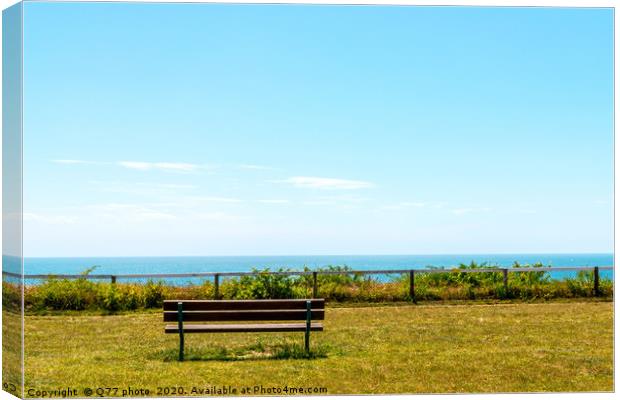 Empty bench on a hill on the ocean shore, green lu Canvas Print by Q77 photo