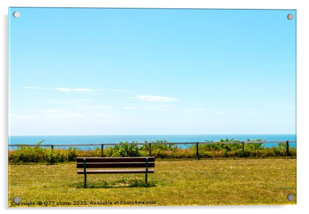 Empty bench on a hill on the ocean shore, green lu Acrylic by Q77 photo