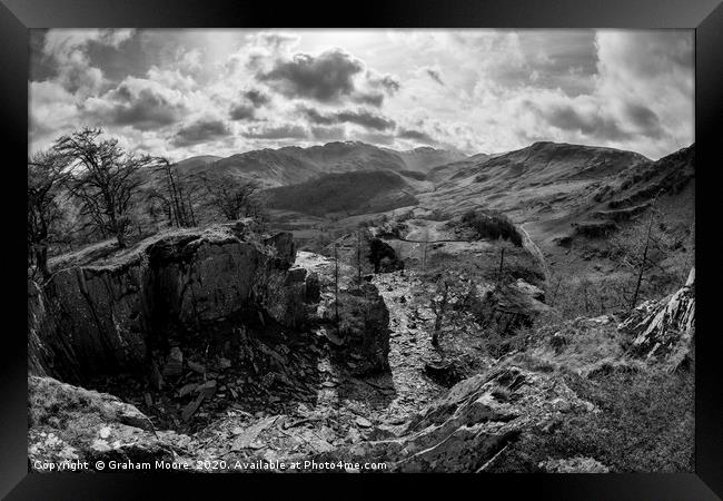 Castle Crag quarry monochrome Framed Print by Graham Moore