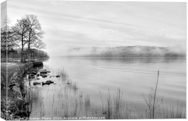 Lake Windermere misty morning monochrome Canvas Print by Graham Moore