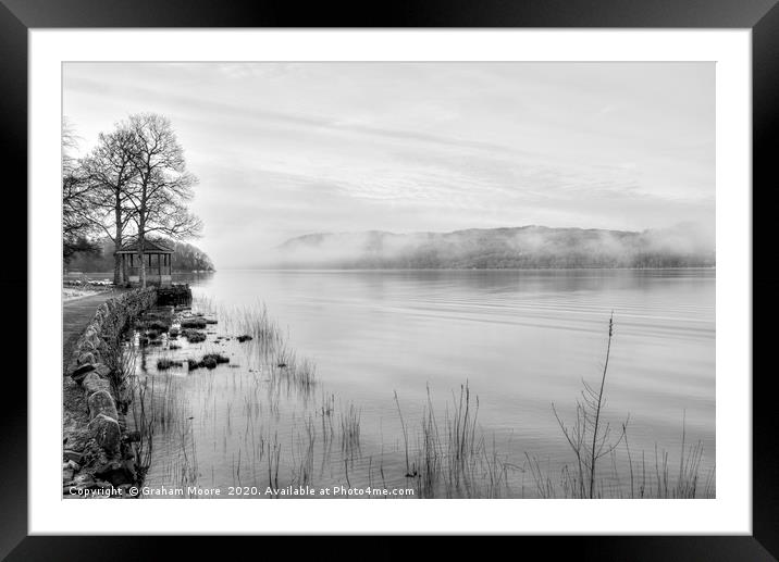Lake Windermere misty morning monochrome Framed Mounted Print by Graham Moore