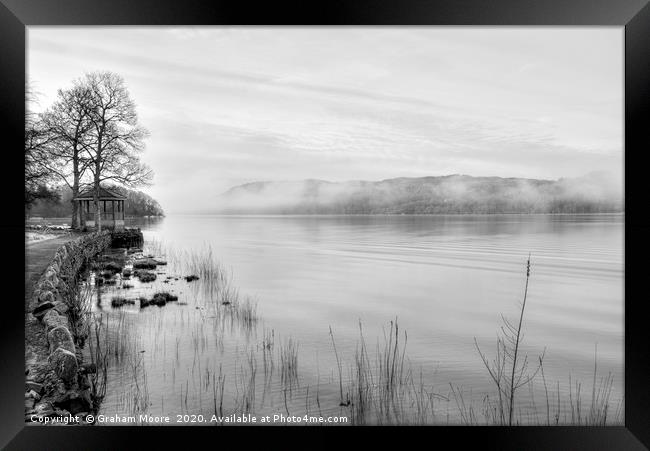 Lake Windermere misty morning monochrome Framed Print by Graham Moore