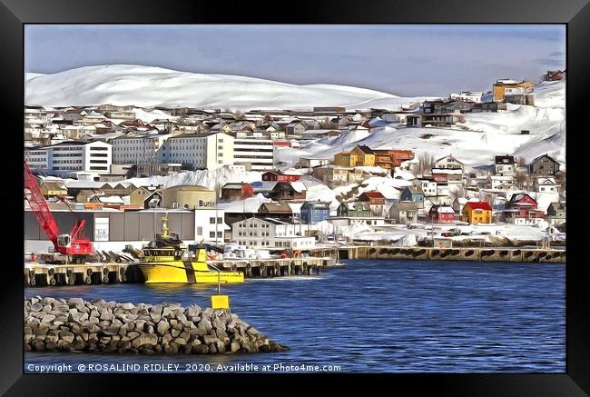 "Yellow ship in Hammerfest harbour" Framed Print by ROS RIDLEY