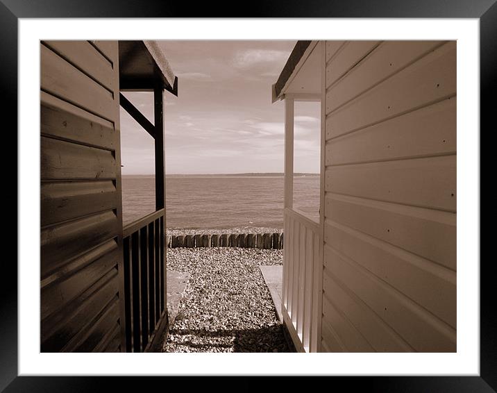 Black and White Beach Huts! In Sepia Framed Mounted Print by Louise Godwin